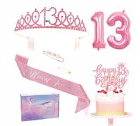 Pink 13th Birthday Decorations - Girl's 13th Birthday Sash & Tiara Set, Party Pack with Sash, Crown, Number 13 Foil Balloons, Cake Topper & Candle