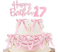 Pink 17th Cake Decorations for Girls/Women Including Happy Birthday Cake Toppers with Ribbon and Birthday Candles Numbers 17 for Birthday Party Cake