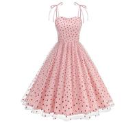 Pink 1950s Dresses for Women - Elegant, Heart Print, A Line, Mesh, Tulle, Sleeveless, Spaghetti Strap, Swing, Vintage, Cocktail, Party, Wedding Guest Dress