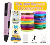 (Pink) 1SET 3D Printing Pen Kit | Includes 12 Colors 3-Meter PLA Filaments, Finger Cots, 22-Pattern Drawing Board, Type-C