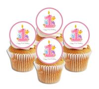 Pink 1st Birthday Edible Cupcake Toppers, Cute Animals Number One Cake Decorations, 48 x 3 cm Discs (UNCUT)