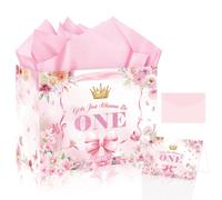 Pink 1st Birthday Gift Bag - Princess One Year Old Birthday Wrapping Bags | Thick Paper, Floral Crown Bow Print, Envelope Card Tissue Paper, Reinforced, Foldable, Gift Wrapping Birthday Party Supplies