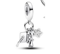 Pink 2025 Graduation Triple Dangle Charm Cap and Pink Star Diploma and Star 925 Sterling Silver Pendant Charm Compatible with Pandora Charms,and Many Other UK Charm Bracelets.
