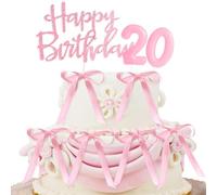 Pink 20th Cake Decorations for Girls/Women Including Happy Birthday Cake Toppers with Ribbon and Birthday Candles Numbers 20 for Birthday Party Cake