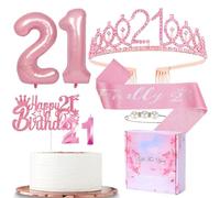 Pink 21st Birthday Decorations - Sash, Tiara, Crown & Cake Topper Set
