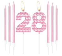 Pink 28th Birthday Candles and Decorations - 3D Number 28 Long Candle Cake Topper for Girls, Kids, Women - Party, Wedding, Anniversary Supplies