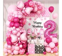 Pink 2nd Birthday Balloons Decorations, Hot Pink Rose Polka Dots Balloons Arch Kit, Huge Bow Foil Balloon, pink Number 2 Balloon Tower for Baby Shower Girls Princess 2nd Theme Party