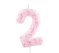 Pink 2nd Birthday Candle Bow Number 2 Candle Cake Topper Cupcake Decorations Happy Birthday Bowknot Cute Themed or Girls Anniversary Celebrations Sweet Party Supplies