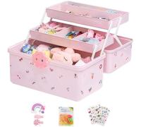 Pink 3 Layer Girls Hair Accessories Storage Box, Wear Resistant & Portable With Handle, Multi Compartment & 2 Drawers For Tidy Storage, Fits Hair Clips Elastics Jewellery, Ideal For Little Girls Child
