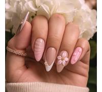 Pink 3D Floral French Tip Press-On Nails - Medium Length Almond-Shaped Glossy Artificial Nails With Pearl & Gold Bead Embellishments For Women, Special Occasions, Elegant Art Design