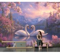 Pink 3D Wall Mural Photo Wallpaper, Swans On The Lake Mural, Murals Wall Romantic Nordic Style for Bedroom Living Room Dining Room Home Decoration 200×150 Cm (Wxh)