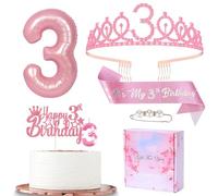 Pink 3rd Birthday Decorations - Sash, Tiara, Crown, Candle Cake Topper & Foil Balloon Set