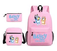 (Pink 4) Bluey 3pcs Set Boys Girls Backpack School Bags