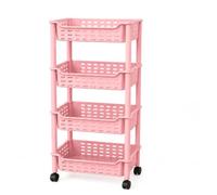 PINK 4 Tier Rolling Storage Trolley with Wheels, Mobile Plastic Basket Organiser Cart, Multipurpose Slim Shelving Unit for Kitchen, Bathroom, Bedroom, Office and Laundry Room, Multiple Colours