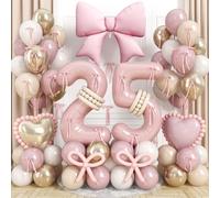 Pink 40 Inch Balloon Number 25 for 25th Birthday Decorations Women, Dusty Blush Pink Gold White Sand Latex Balloons Bow Heart Foil Balloon for Boho 25 Year Old Birthday Anniversary Party Decoration