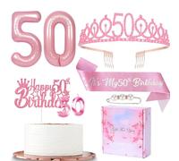 Pink 50th Birthday Decorations - Sash, Tiara, Crown, Candle Topper, Balloons