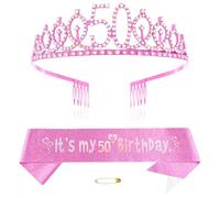 Pink 50th Birthday Tiara Sash for Girls Princess Crown Crystal Queen Tiara Birthday Headbands Happy Birthday Decorations Birthday Sash Tiara Kit Girl Birthday Clothing Accessories Party Supplies