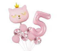 Pink 5th Birthday Decorations for Girl,Number 5 Balloons 5th Birthday Balloon Set Princess Crown Cat Balloon Party Decoration for 5 Year Old Girl