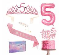 Pink 5th Birthday Decorations - Girl's 5th Birthday Sash & Tiara Set, Party Sash Crown, Cake Topper, Foil Balloon, Candle