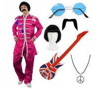 Pink 60s Band Fancy Dress Costume Set - XLarge - Includes Jacket, Union Jack Guitar, Wig, Glasses, Moustache & Peace Necklace