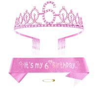 Pink 6th Birthday Tiara Sash for Girls Princess Crown Crystal Queen Tiara Birthday Headbands Happy Birthday Decorations Birthday Sash Tiara Kit Girl Birthday Clothing Accessories Party Supplies