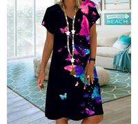 (pink, 6XL) Summer Fashion V-neck Dress Ladies Short Sleeve Butterfly Moon Printed Dress Loose Casual Dress For Women