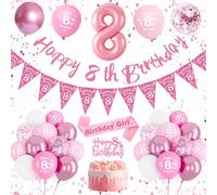 Pink 8th Birthday Decorations - Balloons, Banner & Cake Topper for Girls