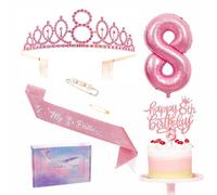 Pink 8th Birthday Decorations for Girl - Sash Tiara Set, Party Pack with Sash, Crown, Number 8 Foil Balloon, Cake Topper Candle, Gifts for Girl