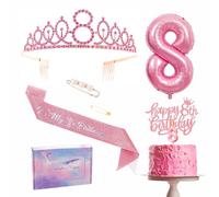 Pink 8th Birthday Decorations - Girl's Sash, Tiara, Cake Topper, Balloon, Candle