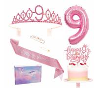 Pink 9th Birthday Decorations for Girl 9th Birthday Sash Tiara Set, 9th Birthday Party Pack Sash Crown Number 9 Foil Balloon 9th Birthday Cake Topper Candle, 9th Birthday Gifts for Girl