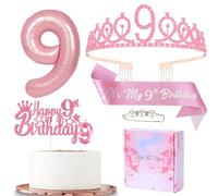 Pink 9th Birthday Decorations: Sash, Tiara, Crown, Cake Topper & Foil Balloons