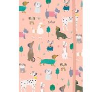 Pink A5 Dog Themed Lined Notebook Softback Journal with Elastic Strap - Ruled Writing Pad with Illustrated Pages - Notes Book for School University Office Home - Gift for Dog Lovers