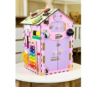 Pink activity house, 55x30x30 cm. Wooden activity board for girls. Activity cube for development according to the Montessori method.