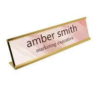 Pink Aesthetic Print with Dark Brown Text Desk Plaque Name and Job Title Modern Stylish Desk Accessories