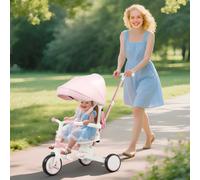 AIYAPLAY Kids Trike, Foldable Toddler Tricycle 5 in 1 with Adjustable Parent Handle & Removable Canopy, 5-point Safety Harness, Footrest, Storage Bag, for Ages 1-3 Years, Pink