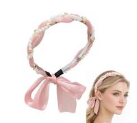 Pink Alice Band Headband, Twisted Ribbon Bow, Pearl-Like Beads, 1 Piece | Flexible frame with clear stones, gold-tone settings and bound ends, for women's everyday hairstyles, parties and weddings