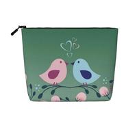 Pink and Blue Birdie Kissing Valentine's Day Large Capacity Travel Makeup Bag for Women,Waterproof Single-Ply Imitation Hemp Portable Zipper Cosmetic Bag