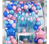 Pink and Blue Birthday Decorations, Royal Light Blue Pink Metallic Purple Confetti Latex Foil Balloons Happy Birthday Banner Fringe Curtain for Boys Girls Wedding Baby Shower Party Decoration Supplies