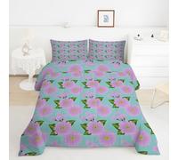 Pink and Blue Flowers Double Duvet 10.5 Tog, Sweet Healing Style Microfiber Bedding Set, 1 Quilt 200x200cm and 2 Pillowcases 50x75cm, All Year Round Comforter for Cozy Nights TY441