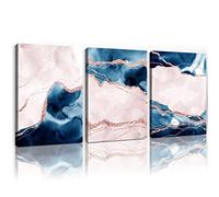 Pink and Blue Marble Canvas Wall Art with Gold Foil - Abstract Watercolor Painting Artwork Posters 16x24inx3