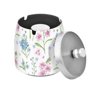 Pink and Blue Wildflower Ashtray with Lid, Windproof Cigarette Ash Tray for Outdoor Indoor, Stainless Steel Ashtray for Home Office Balcony