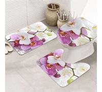 Pink And Flower Printed Flannel Anti-Slip Bath Mat Set Of 3-80x50cm | Bathroom Rug Set - Bath Mat + U-Shaped Pedestal Mat + O-Shaped Toilet Seat Cover
