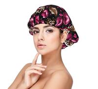 Pink and Gold Red Lips Print Satin Silk Bonnet for Sleeping Women, Adjustable Double Layer Satin Hair Bonnet Night Sleep Cap for Curly Hair