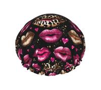 Pink and Gold Red Lips Print Shower Caps for Women, Reusable Double Layers Elastic Band Long Hair Bath Caps for Shower