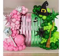 Pink and Green Balloon Garland Arch Kit - Wicked Balloon Arch Kit, Pink Green Balloons and Foil Fringe Curtains, Witch Hat Crown Exploding Star Broom Balloons for Birthday,Wicked Themed Party Decor
