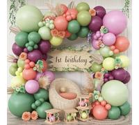 Pink and Green Balloons Arch Double Stuffed, Sage Olive Green Dusty Blush Pink Balloon Garland Kit, Pastel Light Yellow Plum Latex Balloon, Different Sizes for Birthday Tropical Party Decorations
