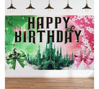 Pink and Green Birthday Backdrop Party Decorations Wicked Birthday Party Decorations Witch Themed Happy Birthday Banner Photo Backdrops for Princess Girls Boys Women Party Supplies Decor