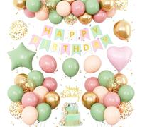 Pink and Green Birthday Decorations,Sage Green Retro Pink Balloons Decor Happy Birthday Banner Star Heart Foil Balloon Cake Topper Party Supplies for Women Girl Boys Baby Shower
