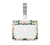 Pink and Green Floral Motifs Sliding Id Badge Holder Hard Plastic Work Card Case Name Tag Protector for Nurses Office