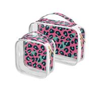 Pink and Green Leopard Print 2 Pack Clear Makeup Bags for Women TSA Approved Water-Resistant Makeup Brush Bag Shaving Essentials